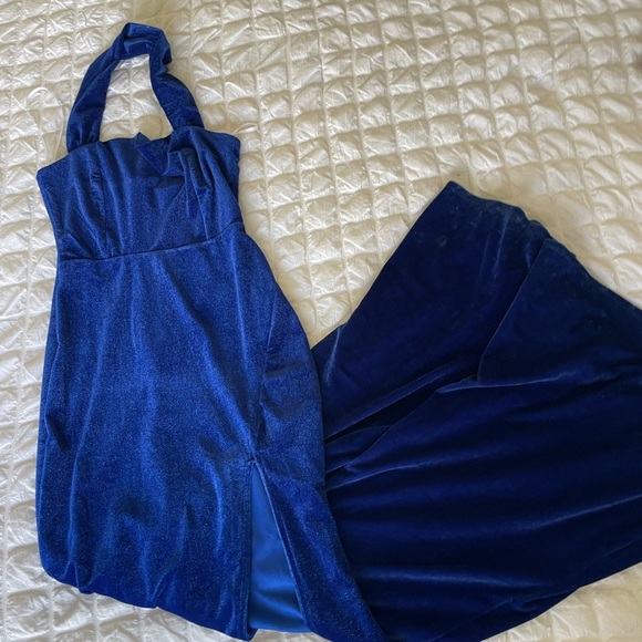 Lulu's Enchanting Touch Royal Blue Velour Velvet Halter Maxi Dress - Picture 6 of 15